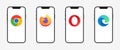 Google Chrome, Mozilla Firefox, Opera and Microsoft Edge symbols in smart phone. Popular internet browsers. Vector illustration Royalty Free Stock Photo