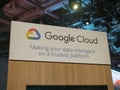 Google Cloud billboard advertisement sign at conference. Make your data intelligent on a trusted platform Royalty Free Stock Photo