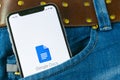 Google Docs icon on Apple iPhone X smartphone screen close-up in jeans pocket. Google docs icon. Social network. Social media icon Royalty Free Stock Photo