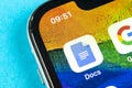 Google Docs icon on Apple iPhone X smartphone screen close-up. Google docs icon. Social network. Social media icon Royalty Free Stock Photo