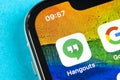 Google Hangouts application icon on Apple iPhone X smartphone screen close-up. Google hangouts app icon. Social network. Social me Royalty Free Stock Photo