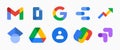 Google LLC. Apps from Google. Official logotypes of Google Apps. Scholar, Drive, Contacts, Google Pay, Optimize, Google Search,