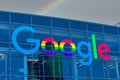 Google logo on company headquarters in Silicon Valley. The double o`s are decorated in rainbow colors in honor of LGBTQ Pride