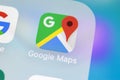 Google Maps application icon on Apple iPhone X screen close-up. Google Maps icon. Google maps application. Social media network Royalty Free Stock Photo