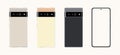 Google pixel mobile set vector with colorful frames and a triple camera. Mobile phone backside and front side view with blank