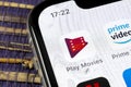 Google play movies application icon on Apple iPhone X screen close-up. Google play movies app icon. Google play movies application