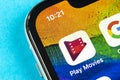 Google play movies application icon on Apple iPhone X screen close-up. Google play movies app icon. Google play movies application