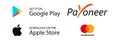 Google Play Store and Apple App Store buttons. Payoneer, Mastercard - popular payment systems. Vector illustration. EPS 10. Kyiv,