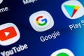 Google search application icon on Samsung Galaxy S9 smartphone screen close-up. Google app icon. Social network. Social media icon