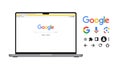 Google search bar template with modern laptop front view. Search browser for information using the Google search engine.