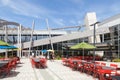 Open air dining area at Googleplex - Google Headquarters. Mountain, coast.