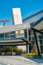 Googleplex office in Silicon Valley. Huge Google sign, Android robot sculpture and main Google office.