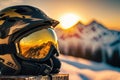 googles and helmet reflecting the winter landscape