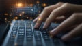 Googling Typing Words on a High Tech Holographic Computer Laptop Notebook Keyboard to Look Up, Google, Research, Search Engine Bar