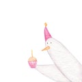 Goose in a cap with cupcake. Happy Birthday watercolor card on white background