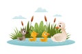 Goose family. Mom floating with her babyies. Ugly duckling fairy tale cartoon vector illustration