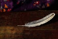 A goose feather on an aged antique dark old red wood background. Quill pen for writing. Violet textile. The concept of Royalty Free Stock Photo