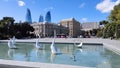 Goose Fountain at Baku seaside boulevard with Baku view Royalty Free Stock Photo