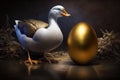 Goose standing by the golden egg. generative ai. Goose and the golden egg Royalty Free Stock Photo