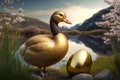 Goose standing by the golden egg. generative ai. Goose and the golden egg Royalty Free Stock Photo