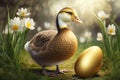 Goose standing by the golden egg. generative ai. Goose and the golden egg Royalty Free Stock Photo