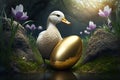 Goose standing by the golden egg. generative ai. Goose and the golden egg Royalty Free Stock Photo