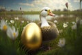 Goose standing by the golden egg. generative ai. Goose and the golden egg Royalty Free Stock Photo