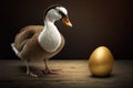 Goose standing by the golden egg. generative ai. Goose and the golden egg Royalty Free Stock Photo