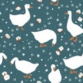 Goose and their feet tracks, and dried cotton balls on the snow. Cute seamless pattern. Winter Xmas background