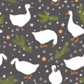 Goose and their feet tracks, and fir tree branches, and tangerines on the snow. Cute seamless pattern. Winter Xmas