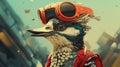 Psychedelic Urban Bird With Aviator Goggles - Photorealistic Animation