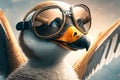 A goose wearing pilot glasses soars into the frame, ready to take on a daring avian adventure.