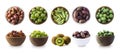 Gooseberries, baby kiwi and kiwi fruits in a bowl on a white plate. Berries and fruits isolated on a white background. Royalty Free Stock Photo