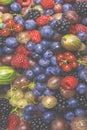 Gooseberries, blueberries, mulberry, raspberries, white and red currants Royalty Free Stock Photo