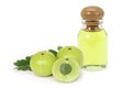 Amla fruit or indian gooseberry with green leaf and glass bottle of essential oil extract