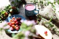 Gooseberry compote in a blue Cup and ripe gooseberry berries on a blue saucer with oregano flowers, bokeh Royalty Free Stock Photo