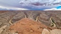 Gooseneck Canyon - Panoramic aerial view on the convolutions of San Juan River meandering through a horseshoe bend Royalty Free Stock Photo