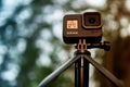Gopro Hero 8 black action camera, close-up of the front view of the small actioncam, installed on a ball head in Gifhorn, Germany Royalty Free Stock Photo