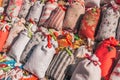 Gordes, Provence-Alpes-Cote d`Azur, France, September 25, 2018: An abundance of linen sacks with Provencal herbs Royalty Free Stock Photo