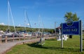 Gore Bay, Ontario, Canada - August 2, 2021: Waterfront boardwalk along the coast at the marina on a summer day on Manitoulin