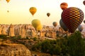 Goreme, Cappadocia, Turkey on sunset. Famous center of balloon fligths. Royalty Free Stock Photo