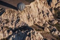Goreme, Cappadocia, Turkey .   Top view of colorful hot air balloons flying over the Love valley on sunrise Royalty Free Stock Photo