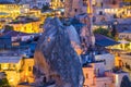 Goreme, Cappadocia, Turkey. View of the evening city from the mountain. Bright evening city. Landscape in the summertime. UNESCO h Royalty Free Stock Photo