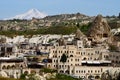 Goreme and top of mount Erciyes ancient Argaeus covered with the snow, Cappadocia,Turkey,Central Anatolia