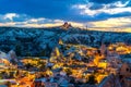 Goreme town at twilight in Cappadocia, Turkey.