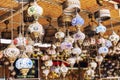 Goreme, Turkey, 05/10/2019: Beautiful multi-colored Turkish lamps on the market