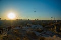 Goreme, Turkey: The great tourist attraction of Cappadocia - balloon flight at sunrise. Cappadocia is place to fly with hot air Royalty Free Stock Photo