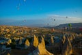 Goreme, Turkey: The great tourist attraction of Cappadocia - balloon flight at sunrise. Cappadocia is place to fly with hot air Royalty Free Stock Photo