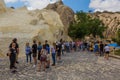 GOREME, TURKEY - JULY 19, 2019: Tourists visit Goreme open air museum in Cappadocia, Turk