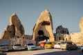 Goreme, Turkey - March 2023 Street with old houses and cave hotels in Goreme, Cappadocia, Turkey